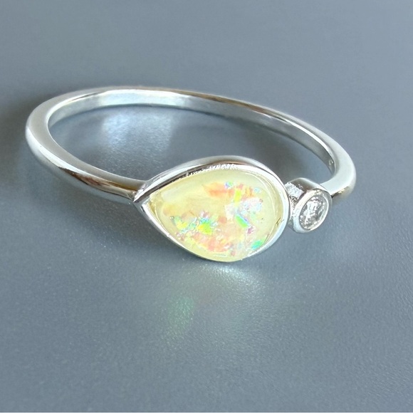 Sterling Silver Opal Teardrop Ring with Sparkling Accent - Picture 12 of 13